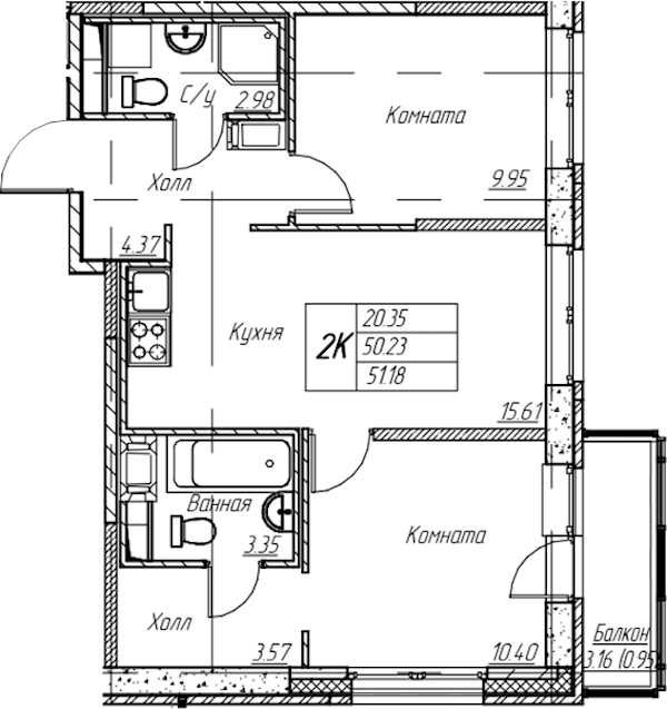 1-комнатная квартира 51.18 м², 8/22 эт., ЖК «Парк-квартал Юнтолово»
